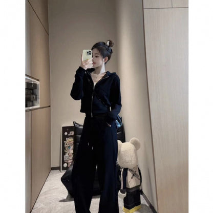 2024 autumn and winter fleece-lined sports leisure suit zipper hooded vests wide leg casual pants Joker slim casual