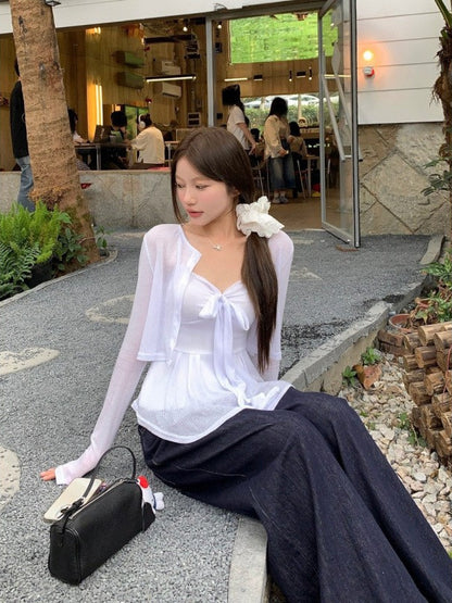 Young and Old Money Style White Knitted Cardigan Suspender Suit for Women to Wear in Spring