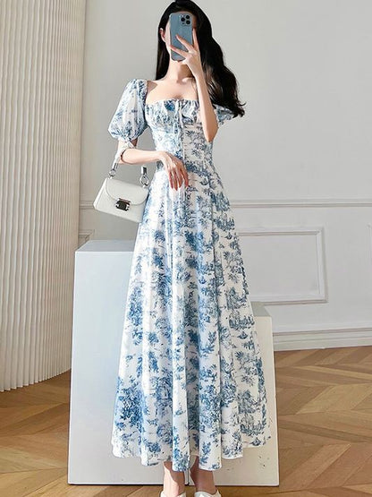 Fashionable Summer New French Style Retro Floral Square Collar Puff Sleeve Light Luxury Short Sleeve Dress Sanya Seaside Vacation