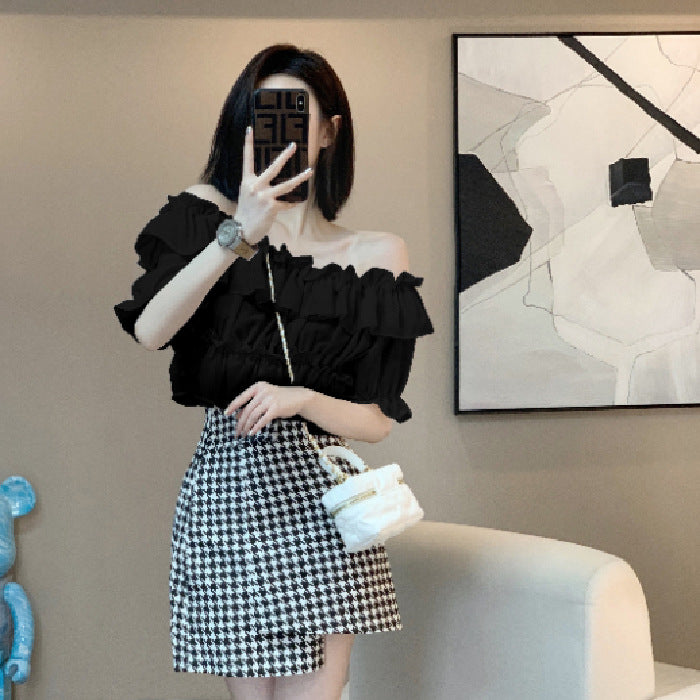 French Ruffled One-Shoulder Short-Sleeved Shirt for Women, Summer Design, Niche Short Style, Unique and Chic Hot Girl Top