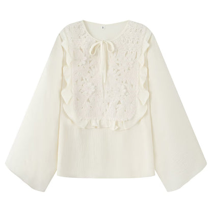 Foreign Trade 2025 New European and American Style Fashionable Round Neck Lace-Up Cut Out Embroidered Casual Shirt + Embroidered Skirt Suit