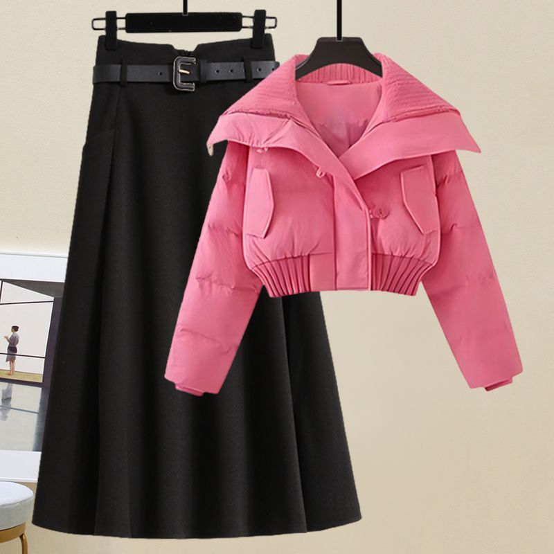 Winter wear small cotton-padded jacket coat with a set of new autumn and winter thick wool skirt two-piece suit
