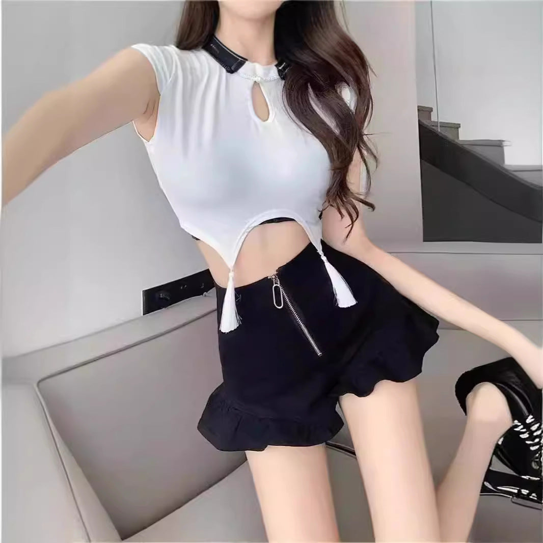 Design Sense Black Ruffled Casual Shorts Women's 2024 Summer New High Waist Slim-fit Slimming Age-reducing Pants Korean