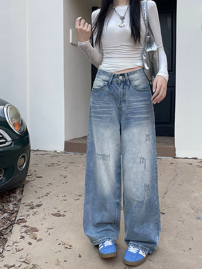 American Style High Street Women's Ripped Wide Leg Jeans Women's Autumn 2024 New High Waist Slimming Loose Straight Pants