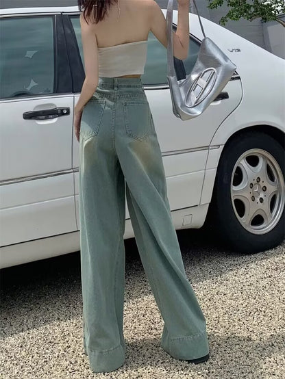 Vintage distressed loose jeans women's 2025 spring and autumn new American style high street wide leg high waist straight trousers