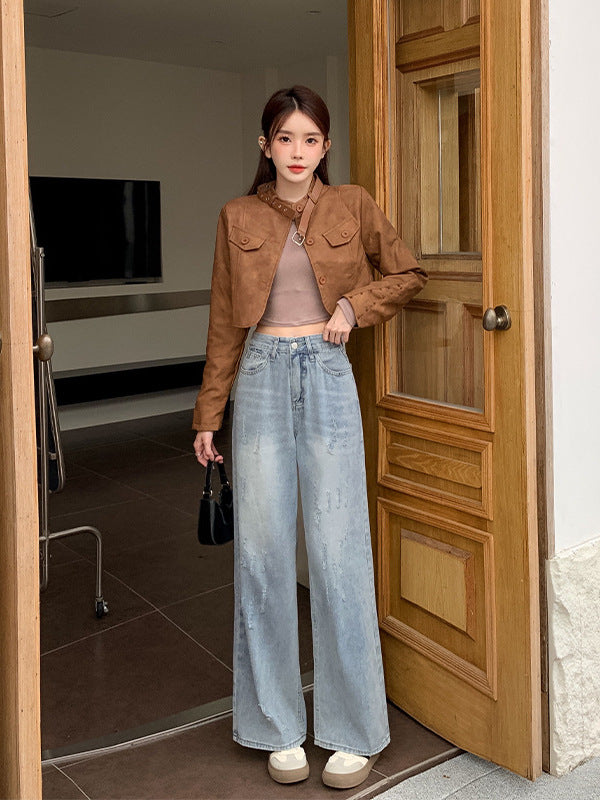 American Style Retro Wide Leg Jeans Women's 2024 Autumn New Design Sense Loose Slimming Vertical Straight Pants