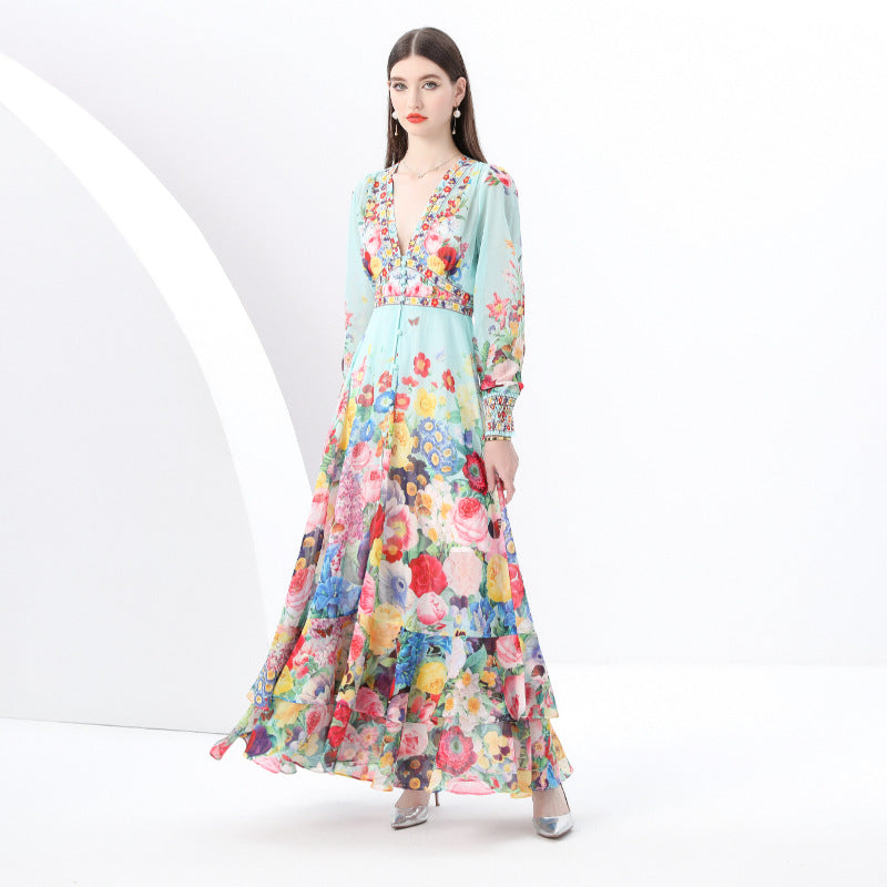 2025 early spring-retro deep collar lantern sleeve wave edge wide swing painted printing long dress