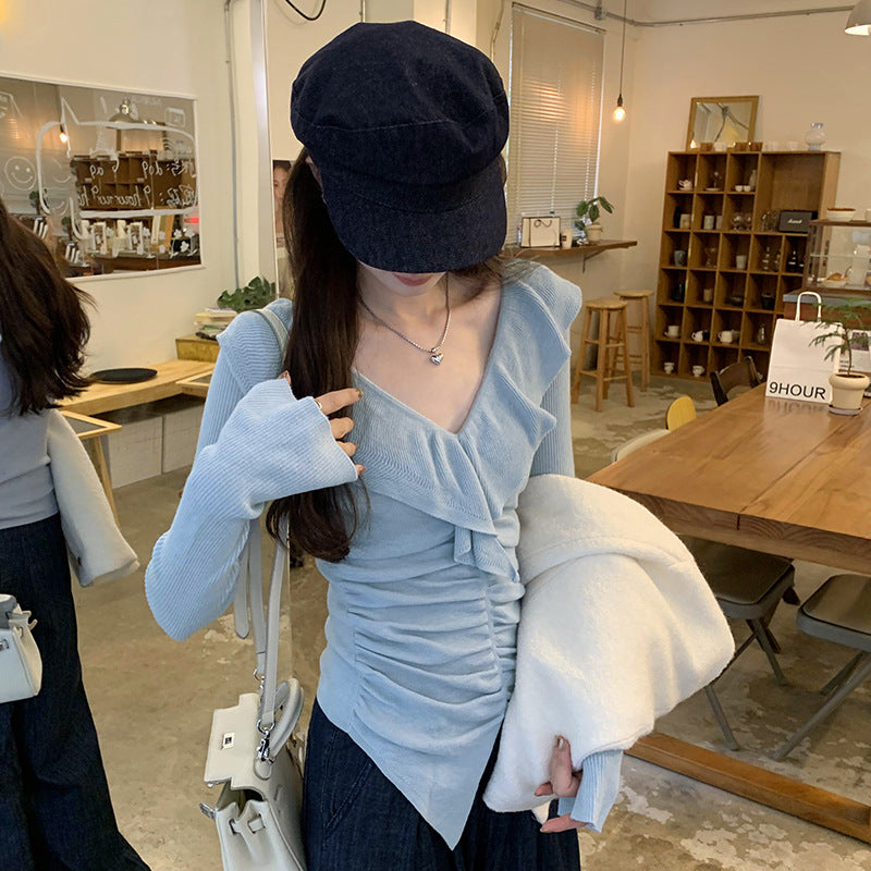 V-Neck Ruffled Slimming Long-Sleeved Inner Knitted Base Shirt Women's 2024 Autumn and Winter Korean Style Elegant High-Grade Top