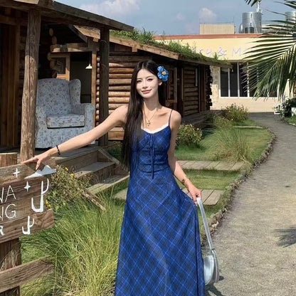 New French Retro Blue Summer Suspender Dress for Women, Slim Plaid New Style, Slimming and Super Fairy Skirt