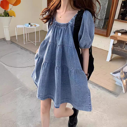 Square Collar Puff Sleeve Denim Skirt Summer and Autumn 2024 New Chic French Style Belly Covering Short Sleeve Doll dress