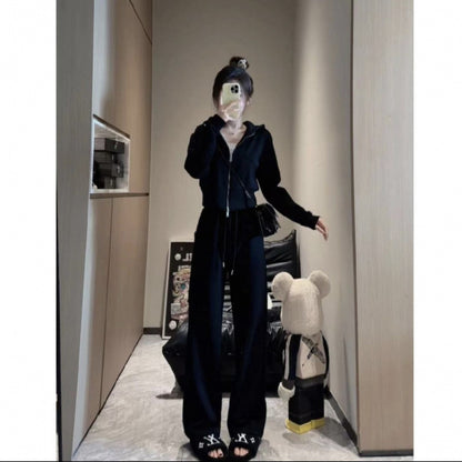 2024 autumn and winter fleece-lined sports leisure suit zipper hooded vests wide leg casual pants Joker slim casual