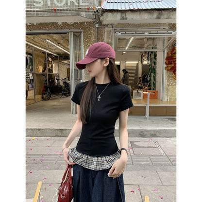 Pure Lust Black Plaid Splicing Skirt Short-Sleeved T-Shirt for Women Summer Miu Sexy Beautiful Slim Round Neck Top