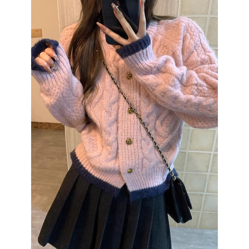 Spring and Autumn Pink Gentle Retro Mahaired Twist Sweater Women's Cardigan Soft Waxy Contrast Lazy Knitted Coat Top