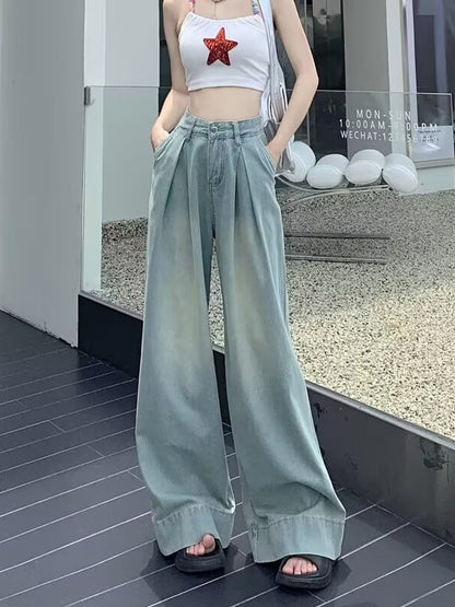 Vintage distressed loose jeans women's 2025 spring and autumn new American style high street wide leg high waist straight trousers