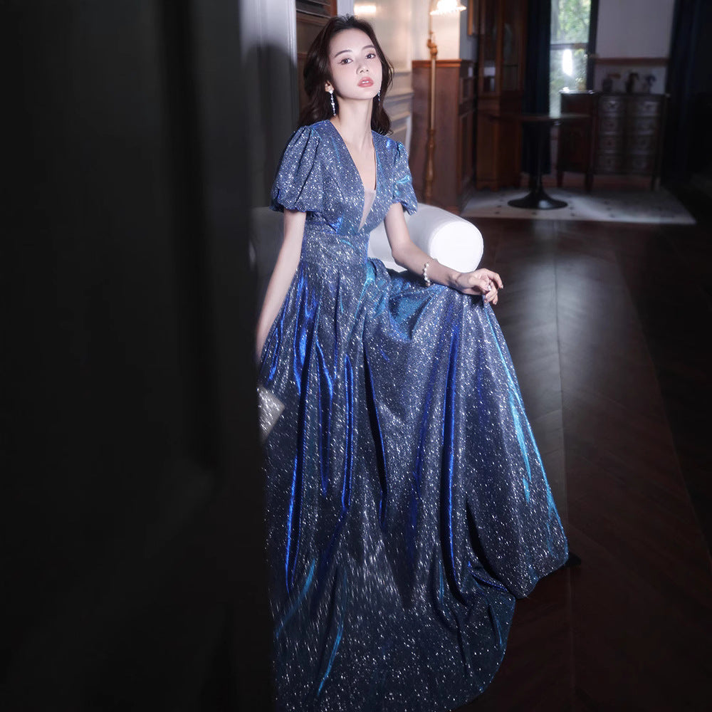 Star Evening Dress Dress Women's Banquet Elegant Princess Light Luxury Niche Toast Dress Engagement Amazing Host Autumn