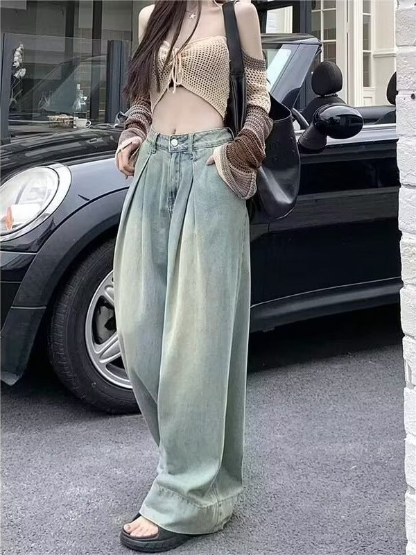 Nostalgic Blue Loose Wide Leg Jeans Women's 2025 Autumn New High Waist Pleated Design Pear-Shaped Straight Pants