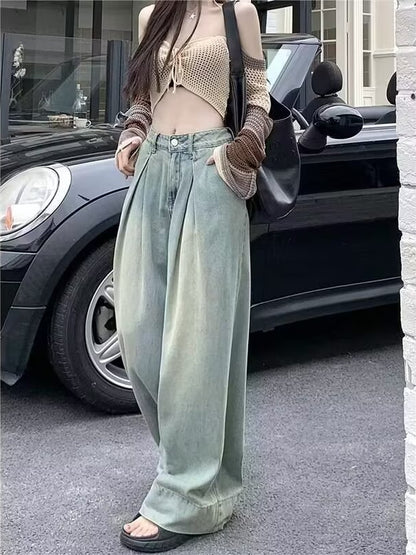 Nostalgic Blue Loose Wide Leg Jeans Women's 2025 Autumn New High Waist Pleated Design Pear-Shaped Straight Pants