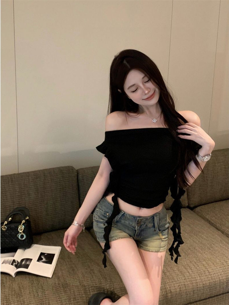 Pure Desire Personality Sweet Hot Girl Off-Shoulder Short Sleeve T-Shirt for Women, Summer Ruffled Ribbon Short Tight Top