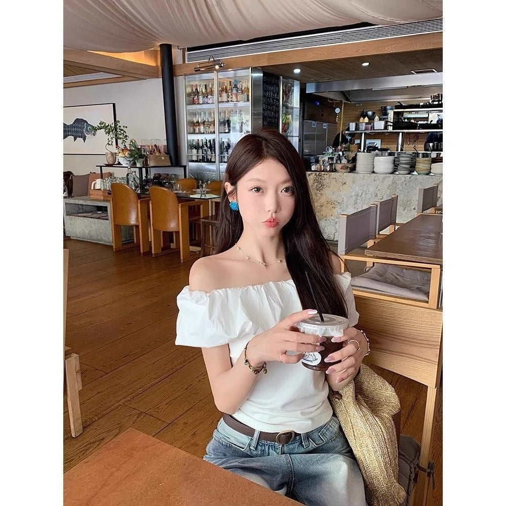 Gentle Style Pure Color Pleated One-Line Collar T-Shirt for Women 2025 Summer French Age-Reducing Ruffled Off-Shoulder Top for Women