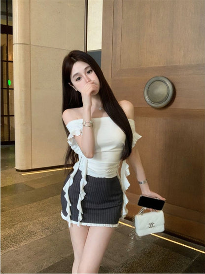 Pure Desire Personality Sweet Hot Girl Off-Shoulder Short Sleeve T-Shirt for Women, Summer Ruffled Ribbon Short Tight Top