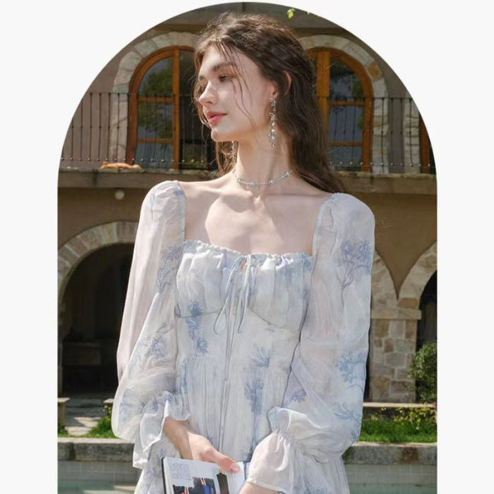 Gentle style French square collar Tea break printed dress women's spring pear-shaped super fairy Mori long skirt
