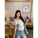 Gentle Style Pure Color Pleated One-Line Collar T-Shirt for Women 2025 Summer French Age-Reducing Ruffled Off-Shoulder Top for Women