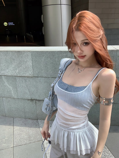Ruffled Camisole for Women with Beautiful Pleated Back, Slimming and Sexy American-Style Top for Outer Wear