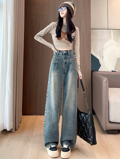 High Waist Retro Wide Leg Jeans Women's 2025 New Pocket Slimming Loose Small Straight Pants