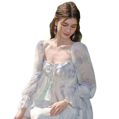 Gentle style French square collar Tea break printed dress women's spring pear-shaped super fairy Mori long skirt