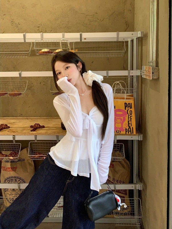 Young and Old Money Style White Knitted Cardigan Suspender Suit for Women to Wear in Spring
