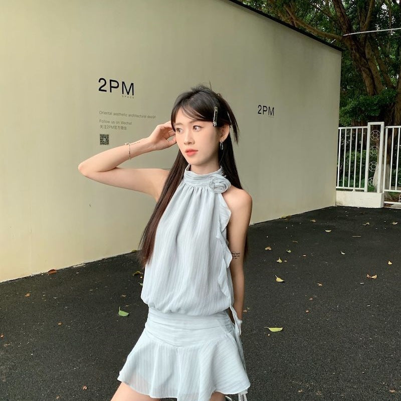 Halter Neck Dress for Women, Summer Sleeveless Short Dress for Tall Women, French Hot Girl Design, Elegant Striped Blue Dress