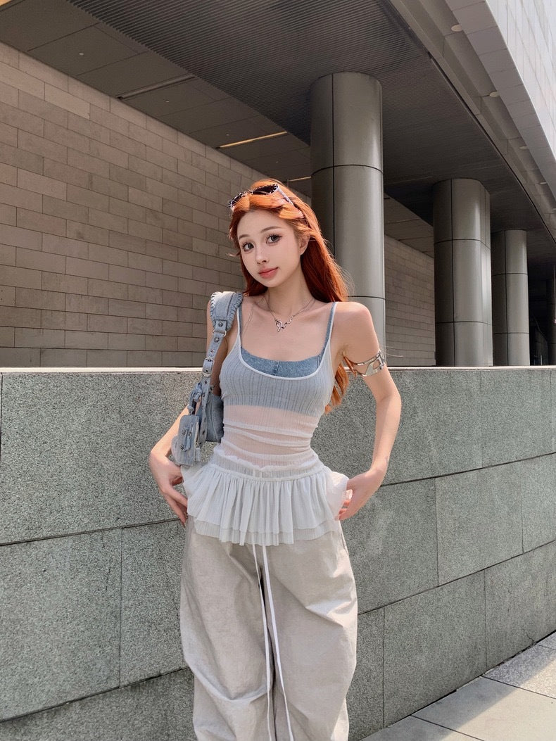 Ruffled Camisole for Women with Beautiful Pleated Back, Slimming and Sexy American-Style Top for Outer Wear