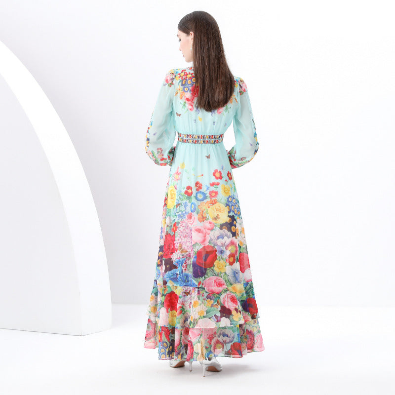 2025 early spring-retro deep collar lantern sleeve wave edge wide swing painted printing long dress