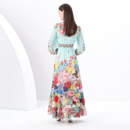 2025 early spring-retro deep collar lantern sleeve wave edge wide swing painted printing long dress