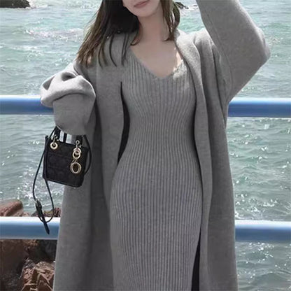 2025 Autumn/Winter New Style Elegant Slimming Loose Long Knitted Cardigan Jacket + Camisole Dress Two-Piece Set