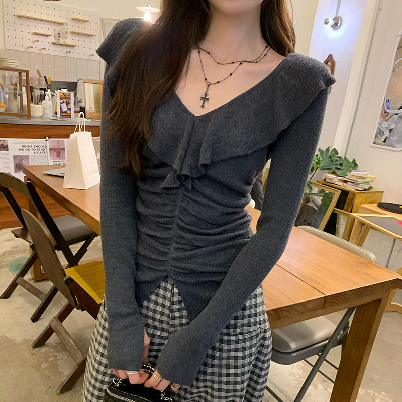 V-Neck Ruffled Slimming Long-Sleeved Inner Knitted Base Shirt Women's 2024 Autumn and Winter Korean Style Elegant High-Grade Top