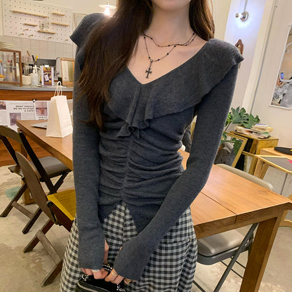 V-Neck Ruffled Slimming Long-Sleeved Inner Knitted Base Shirt Women's 2024 Autumn and Winter Korean Style Elegant High-Grade Top