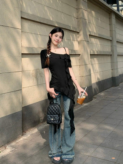 Sweet Girl Off-Shoulder Ruffled Ribbon Black Short-Sleeved T-Shirt Women's Summer Design Slimming Look and Chic Top