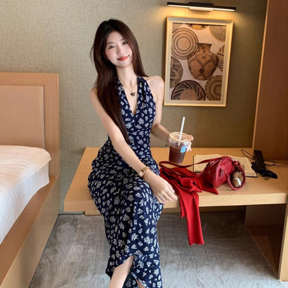 French Blue V-Neck Floral Neck Hanging Strap dress Women's 2025 Summer New Seaside Holiday Style Midi Dress