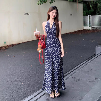 French Blue V-Neck Floral Neck Hanging Strap dress Women's 2025 Summer New Seaside Holiday Style Midi Dress