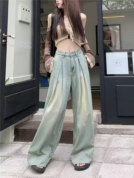 Nostalgic Blue Loose Wide Leg Jeans Women's 2025 Autumn New High Waist Pleated Design Pear-Shaped Straight Pants
