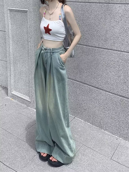 Vintage distressed loose jeans women's 2025 spring and autumn new American style high street wide leg high waist straight trousers