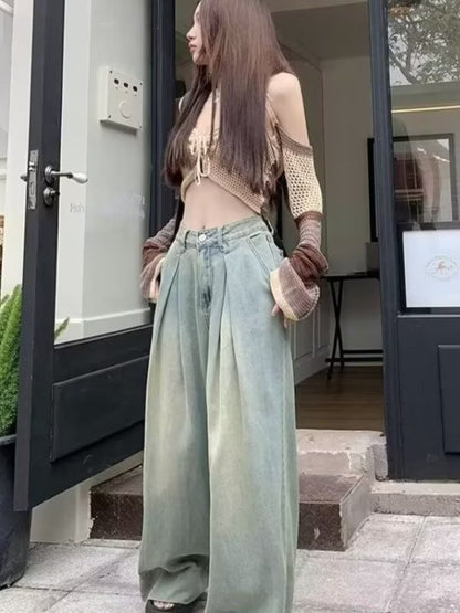 Nostalgic Blue Loose Wide Leg Jeans Women's 2025 Autumn New High Waist Pleated Design Pear-Shaped Straight Pants