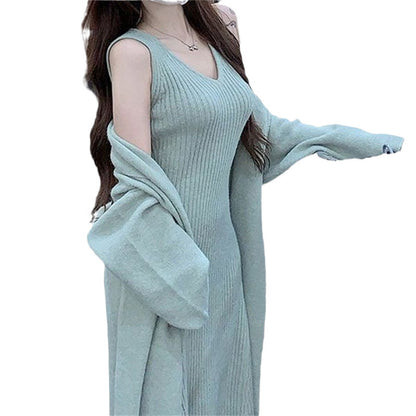 2025 Autumn/Winter New Style Elegant Slimming Loose Long Knitted Cardigan Jacket + Camisole Dress Two-Piece Set