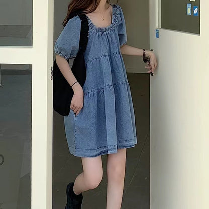 Square Collar Puff Sleeve Denim Skirt Summer and Autumn 2024 New Chic French Style Belly Covering Short Sleeve Doll dress