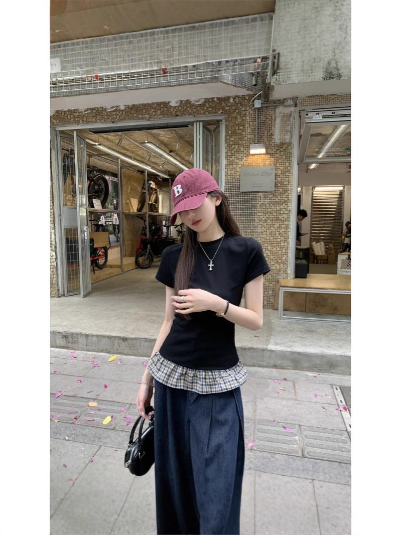 Pure Lust Black Plaid Splicing Skirt Short-Sleeved T-Shirt for Women Summer Miu Sexy Beautiful Slim Round Neck Top