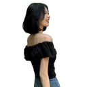 Gentle Style Pure Color Pleated One-Line Collar T-Shirt for Women 2025 Summer French Age-Reducing Ruffled Off-Shoulder Top for Women