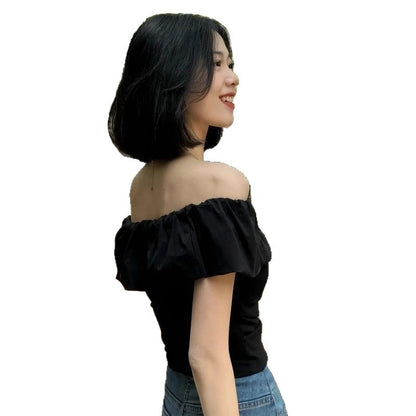 Gentle Style Pure Color Pleated One-Line Collar T-Shirt for Women 2025 Summer French Age-Reducing Ruffled Off-Shoulder Top for Women