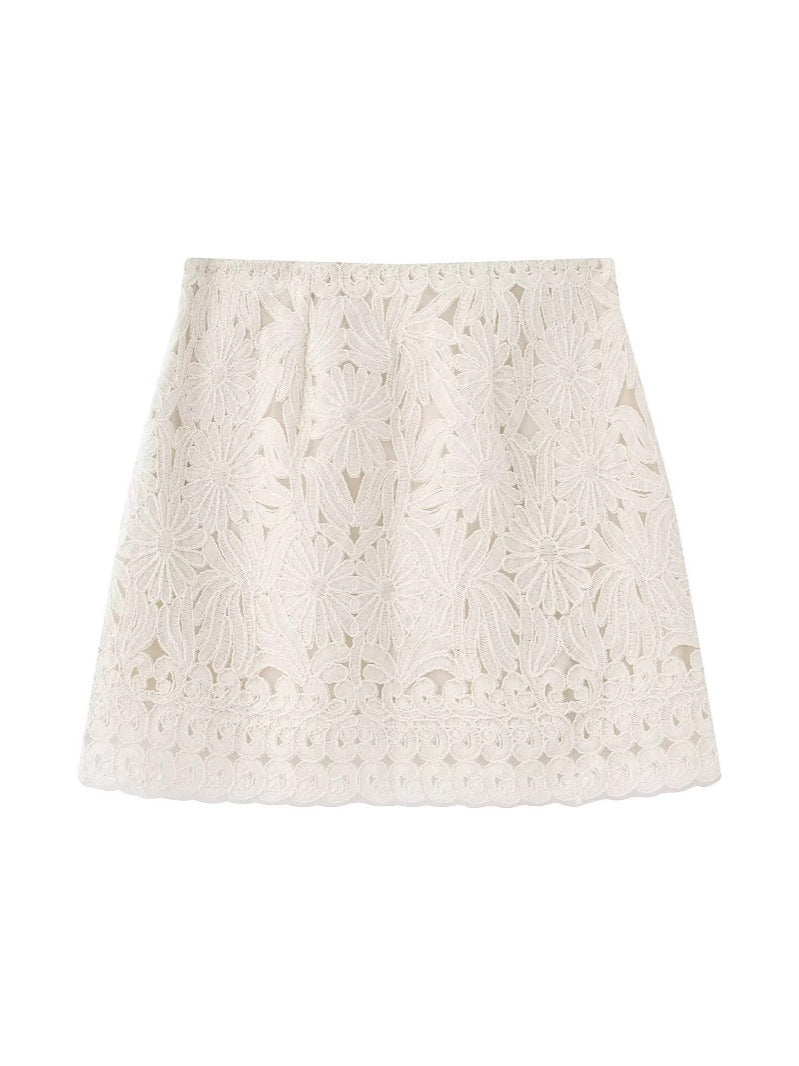 Foreign Trade 2025 New European and American Style Fashionable Round Neck Lace-Up Cut Out Embroidered Casual Shirt + Embroidered Skirt Suit