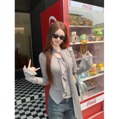 Autumn Ruffled Ribbon Long-Sleeved T-Shirt for Women 2025 New Design Slimming Look Chic Chic Top Trendy